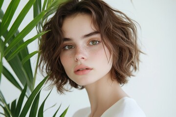 Naklejka premium a brunette model with a plant in front of her face, against a white background and minimalistic palm leaves