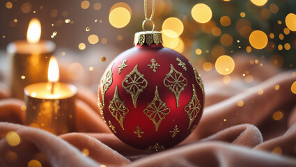red christmas ball, christmas background with baubles