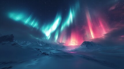 Naklejka premium A breathtaking view of the Northern Lights over a snowy landscape, with stars twinkling in the sky