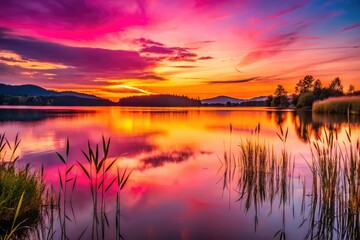 Fototapeta premium Pink sunset paints the lake, calm water reflecting silhouetted hills and swaying reeds.