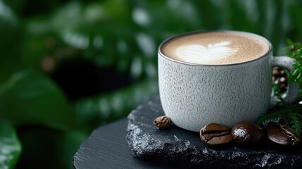 Latte art in a ceramic mug, nestled on dark stone, amidst greenery