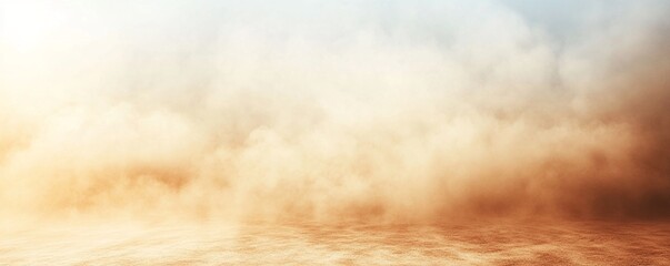 Dusty desert landscape with swirling sand and hazy atmosphere. Warm, earthy tones create a dramatic scene.