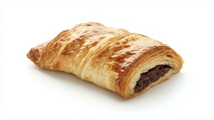 Golden pastry with chocolate filling on white background. Delicious treat perfect for breakfast or snack.