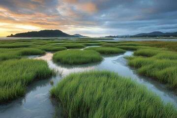 Serene sunset over lush green marsh, calm water flows between grassy islands. Ideal for nature, tranquility, and environmental themes.