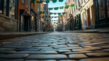 Fototapeta premium Cobblestone Street Decorated With Festive Green Garlands