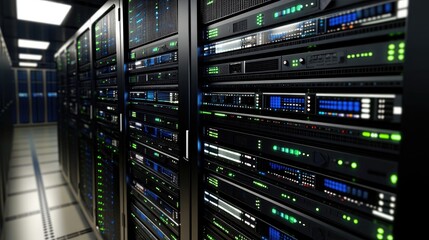 A D digital representation of cloud computing with interconnected servers.