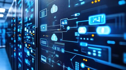 Data center server room with digital interface showing network, cloud computing, and data transfer.