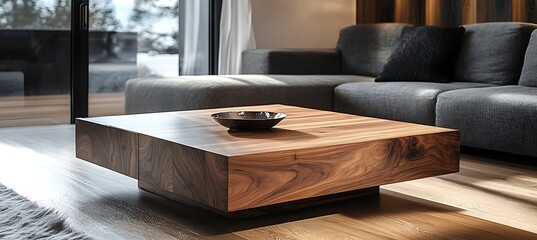 Modern Living Room With a Stylish Wooden Coffee Table That Has Storage, Positioned on the Right Side With a Soft Blurred Background and Text Area