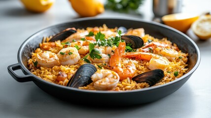 A delicious seafood paella in a black pan topped with shrimp and mussels, garnished with fresh herbs and lemon.