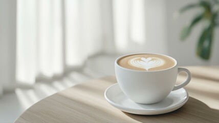 A serene morning light enhances a heart-patterned cappuccino on a wooden table, offering a perfect start to the day.