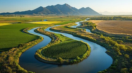 Aerial view of a meandering river through farmland, mountains in the background. Perfect for illustrating agriculture, irrigation, or natural beauty.