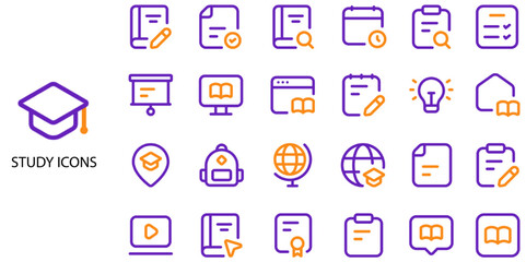 Study simple concept 24 colour icons set. Contains such education, learning, microscope, studying .Vector illustration.