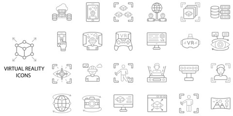 Virtual Reality simple concept 24 color icons set. Contains such virtual reality simulator, equipment, eye, glove .Vector illustration.