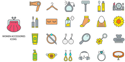 Women Accessories simple concept 24 color icons set. Contains such beauty, make-up, perfume, hygiene, hairbrush .Vector illustration.