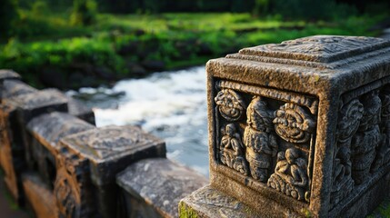 Intricate stone carvings on a bridge overlooking a flowing river surrounded by lush greenery