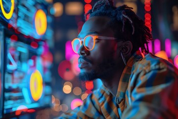 Obraz premium A Black male with glasses intently gazes at vibrant screens, immersed in a tech-inspired environment filled with neon lights.