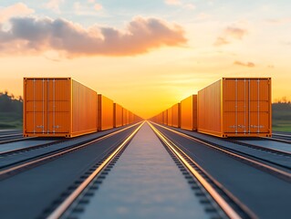 Fototapeta premium Cargo train sunset logistics transport.