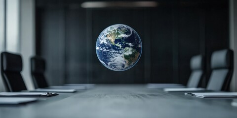 Strategic planning management sustainability concept. A modern boardroom with a holographic Earth projection in the center.