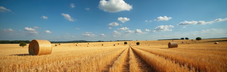Fototapeta premium Wheat straw bales on agricultural field at autumn season. Harvested crop hay bales in farm farmland. Rural landscape with golden wheat field under blue sky with clouds.