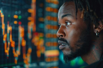 Focused Black male financial analyst examining stock market data on digital screens.