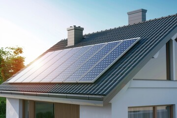 Fototapeta premium Installation of solar panels on the roof of modern houses