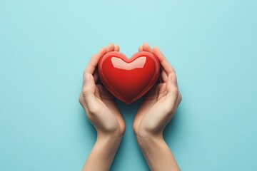Fototapeta premium Two hands gently hold a shiny red heart against a light blue background. A symbol of love, care, and compassion.