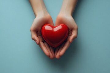 Fototapeta premium Two hands gently cradling a vibrant red heart, a symbol of love, care, and compassion. A heartwarming image.