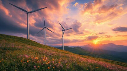 Wind turbines stand on a flowered hillside under a vibrant sunset