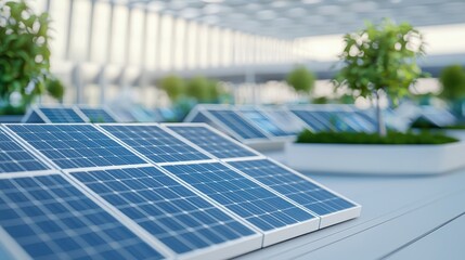 Fototapeta premium Strategic planning management sustainability concept. Solar panels in a modern, bright indoor space surrounded by greenery.