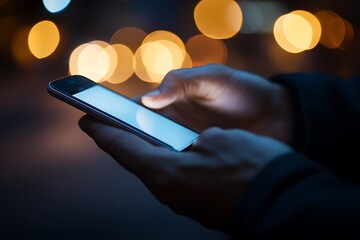 A person is holding a smartphone and looking at its screen