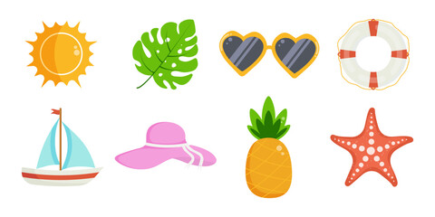 Set of summer icons or stickers. Ship, sun, monstera, tropical leaf, glasses, hat, pineapple, starfish, lifebuoy. Vector flat design elements.