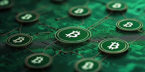 Strategic planning management sustainability concept. Digital representation of cryptocurrency with green circuits and Bitcoin symbols.