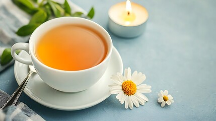 Calming Chamomile Tea for Blue Background.