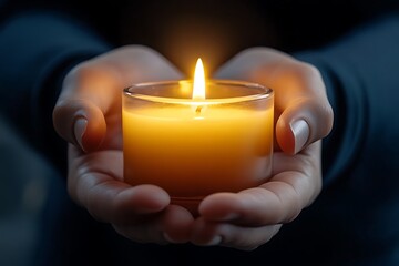 A glowing candle is held carefully in cupped hands