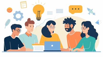 Colleagues in a startup office sharing ideas over a laptop screen