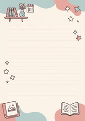 Aesthetic Lined Paper Template with Books and Stars