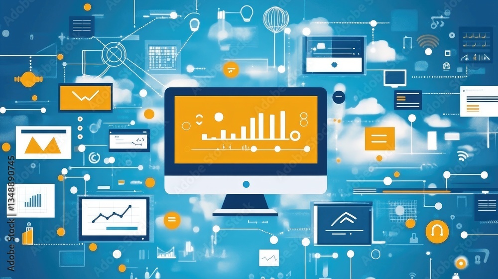 Poster a clipart of a computer displaying a virtual machine and network status icons.