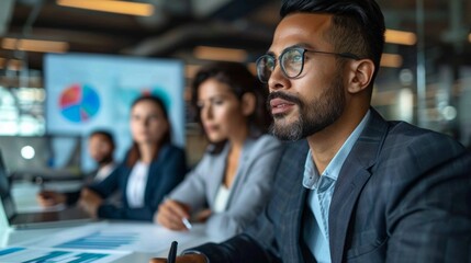 Diverse professionals in a formal meeting with financial reports and graphs