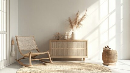 Neutral concept of living room interior with design wooden chair, round carpet, stool, cabinet, slippers, decoration, and elegant personal accessories