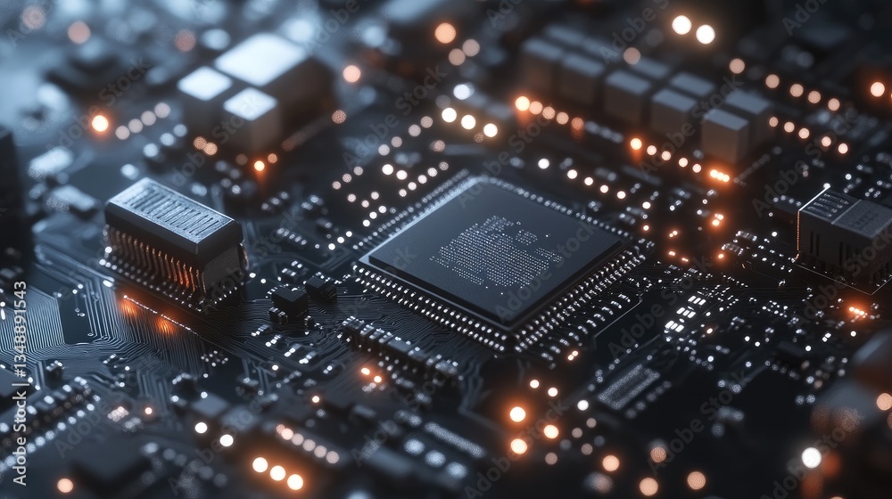 Poster a close-up of an advanced microchip embedded in futuristic technology.