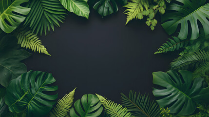 A dark, empty center framed by an exquisite variety of green leaves, including palm, monstera, and ferns. The detailed textures and varying tones of green enhance the organic atmosphere, making this
