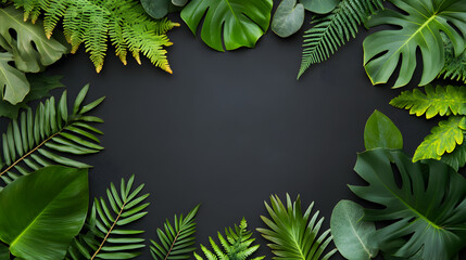 A dark, empty center framed by an exquisite variety of green leaves, including palm, monstera, and ferns. The detailed textures and varying tones of green enhance the organic atmosphere, making this