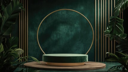 Cosmetic Product Display Stand on Wooden Podium with Green Leaf Background