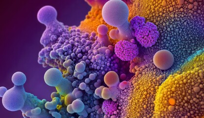 A colorful, abstract image of a mass of small, colorful spheres. The image is vibrant and full of life, with a sense of movement and energy