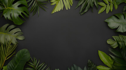 Naklejka premium A vibrant jungle-like scene with an assortment of tropical green leaves forming a dense border around a black empty space. The rich textures, intricate veins, and subtle shadows add dimension,