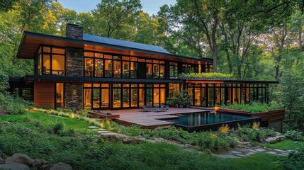Fototapeta premium Modern home with pool, nestled in wooded landscape, evening light