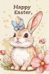 Easter Bunny Greetings - Butterfly and Flowers, Spring Art Design