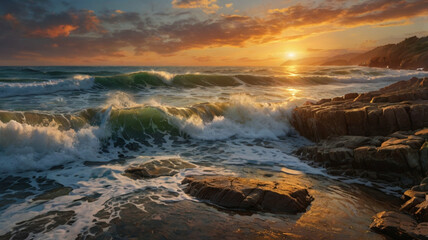 Obraz premium Waves Crashing on Rocky Shore at Sunset, Golden Light Illuminating Water and Cliffs