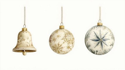 Watercolor Retro Christmas Bell, Star, and Bauble on White and Transparent PNG Background