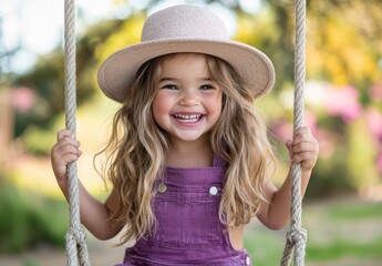 A young girl wearing a hat and a purple shirt is swinging on a rope. She is smiling and she is happy